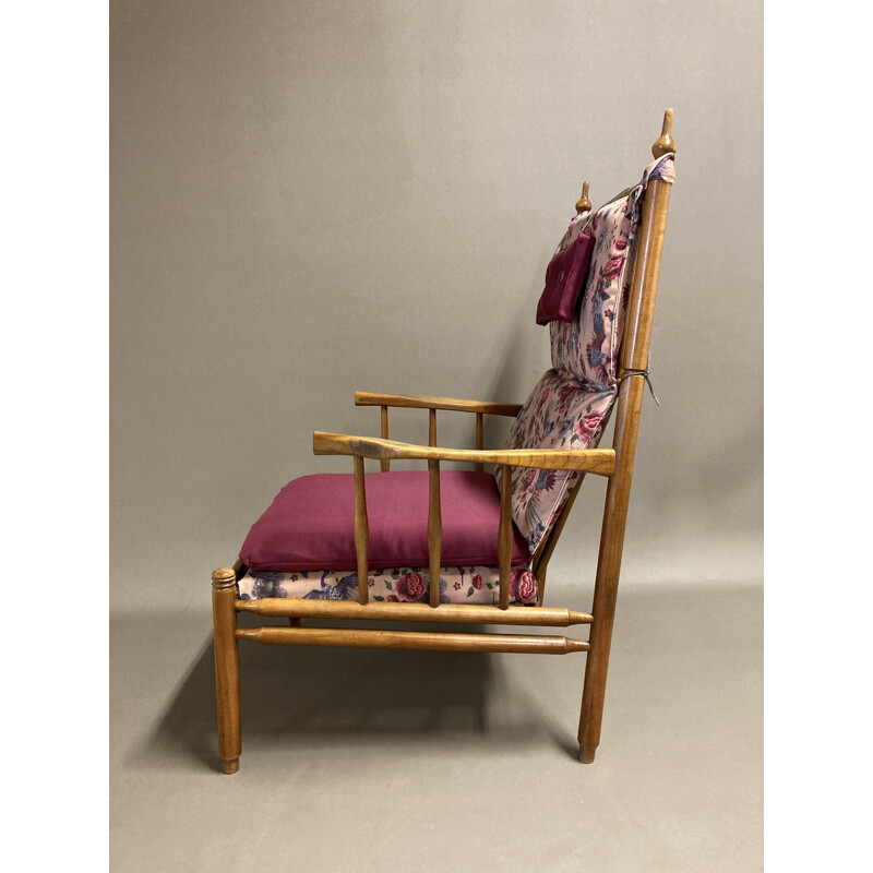 Fauteuil scandinave vintage en hêtre et velours, 1950