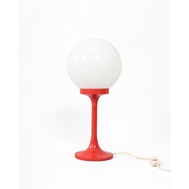 Vintage desk lamp in red and white opal glass, France 1970