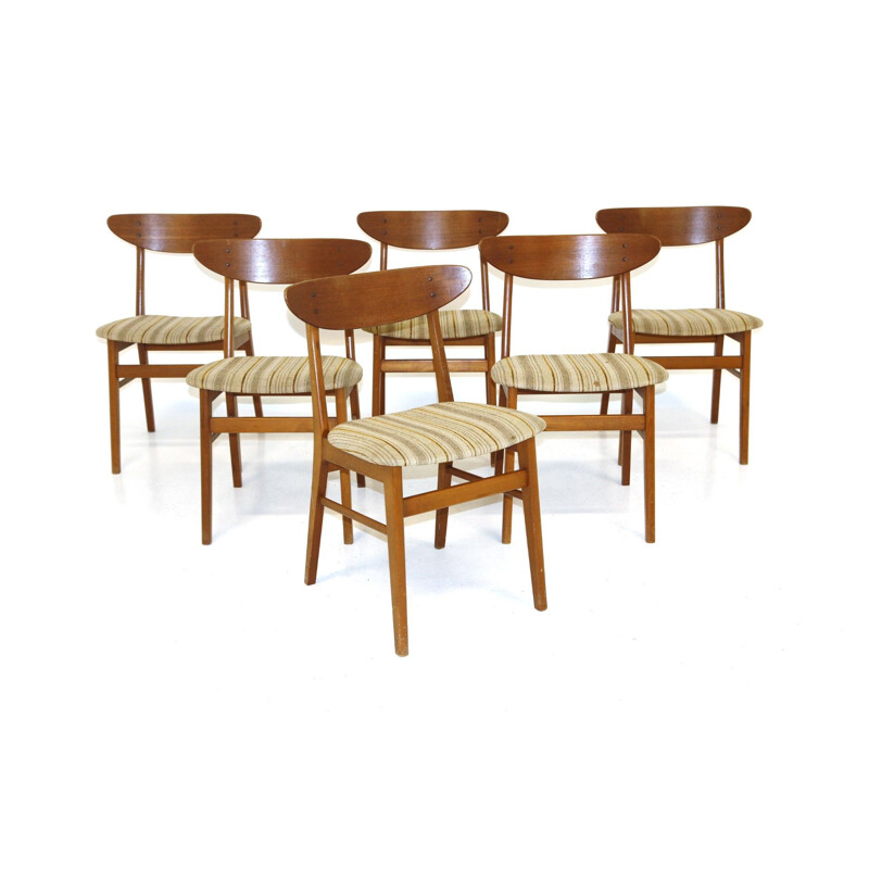 Set of 6 vintage teak and fabric chairs, Denmark 1960