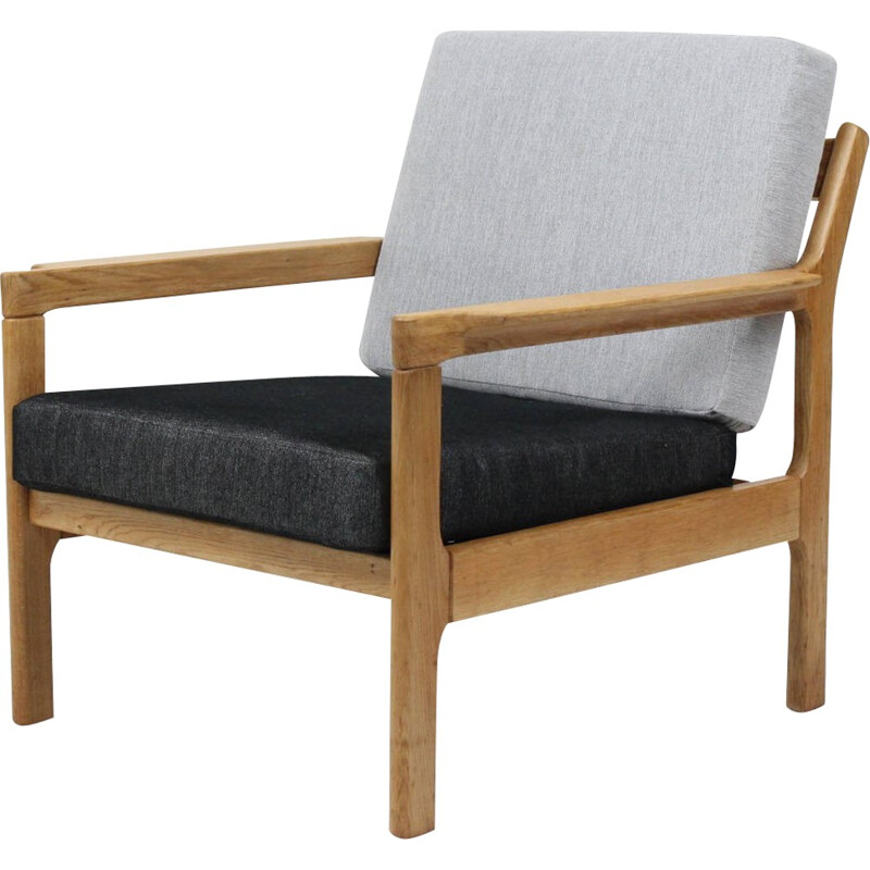 Armchair in oak and grey fabric - 1960s