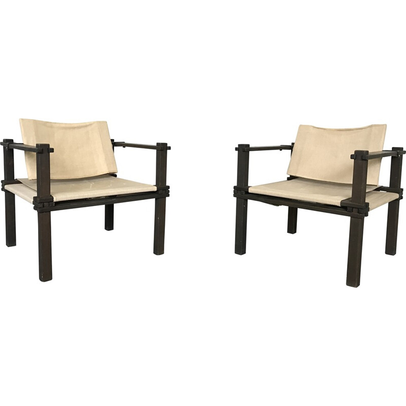 Pair of Bofinger "Safari" armchairs in beech and linen, Gerd LANGE - 1960s