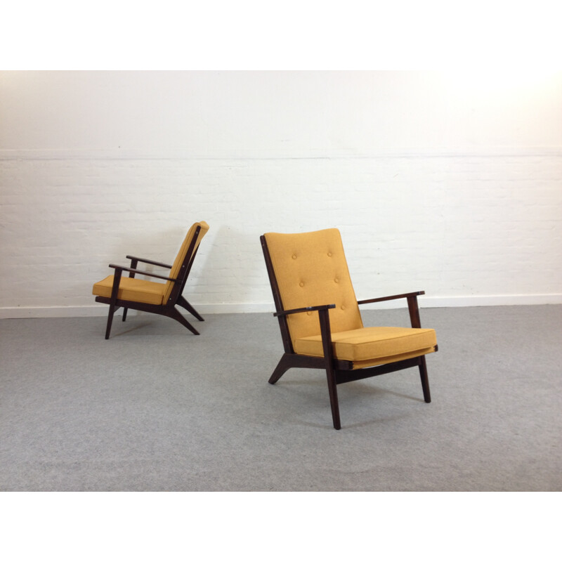 Pair of French Parker-Knoll armchairs in mustard yellow fabric - 1950s