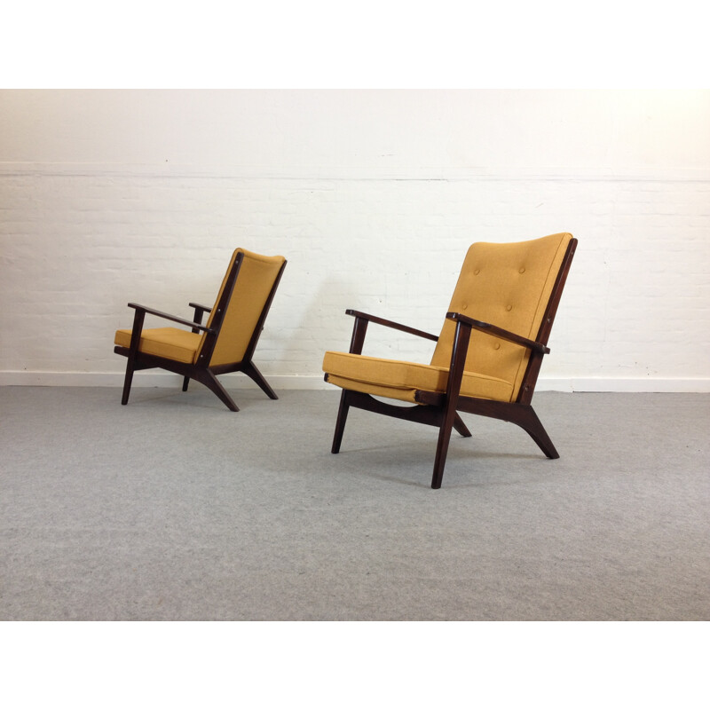 Pair of French Parker-Knoll armchairs in mustard yellow fabric - 1950s