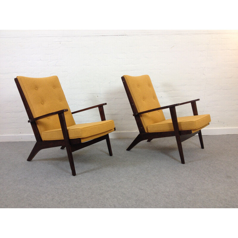 Pair of French Parker-Knoll armchairs in mustard yellow fabric - 1950s