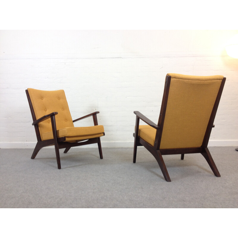 Pair of French Parker-Knoll armchairs in mustard yellow fabric - 1950s