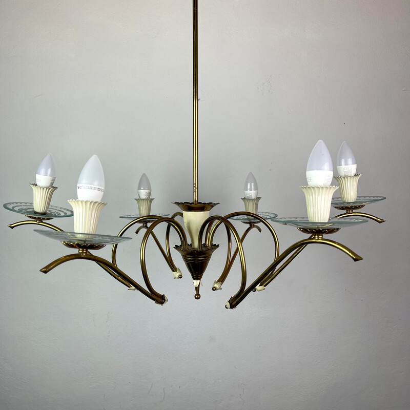 Vintage brass wire spider chandelier with crystal glass bowls by Pietro Chiesa for Fontana Arte, Italy 1940