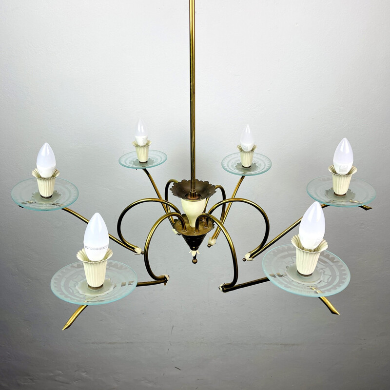 Vintage brass wire spider chandelier with crystal glass bowls by Pietro Chiesa for Fontana Arte, Italy 1940