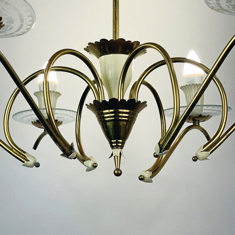Vintage brass wire spider chandelier with crystal glass bowls by Pietro Chiesa for Fontana Arte, Italy 1940