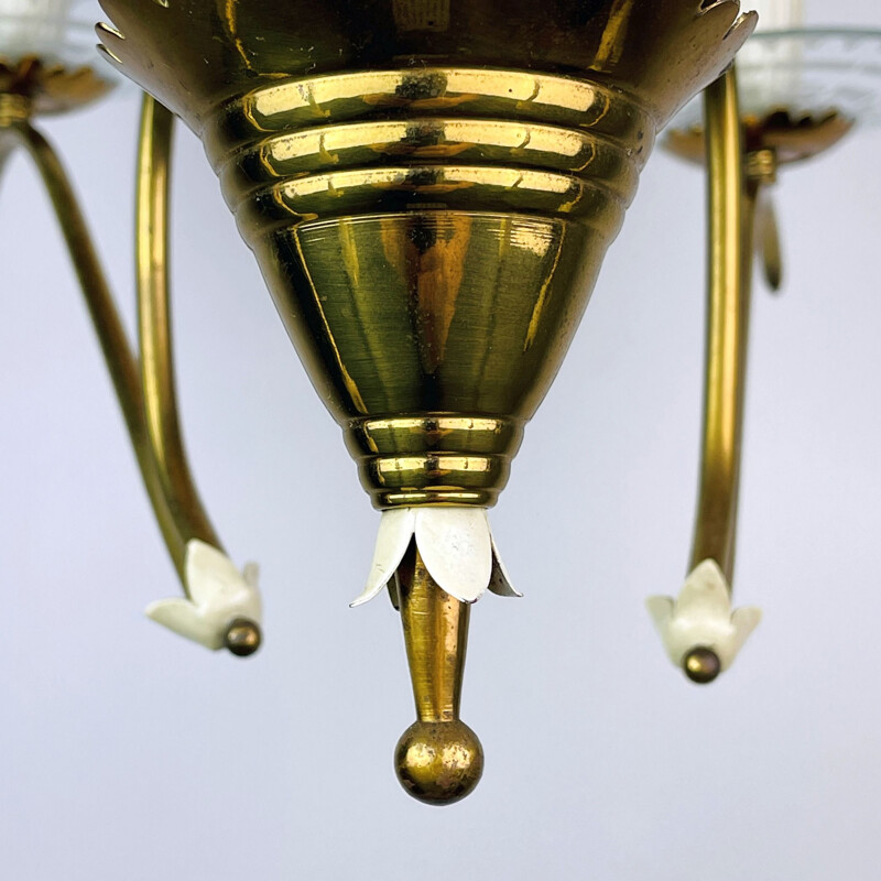 Vintage brass wire spider chandelier with crystal glass bowls by Pietro Chiesa for Fontana Arte, Italy 1940