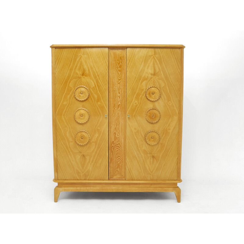 Petite armoire Art déco vintage en frêne et laiton, 1950