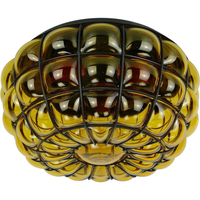 Vintage ceiling lamp in amber glass and metal, 1970s