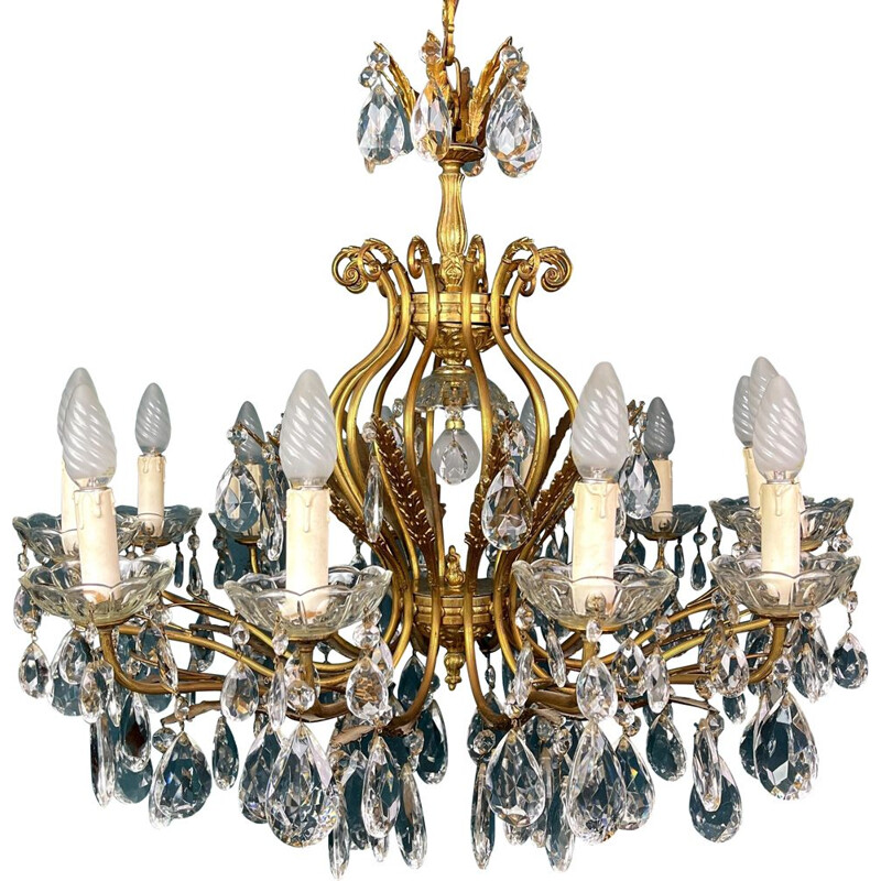 Vintage crystal chandelier with 12 solid bronze arms, Italy 1950