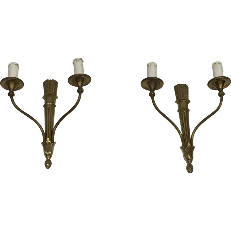 Pair of vintage bronze sconces with quivers and ribbons, France 1960
