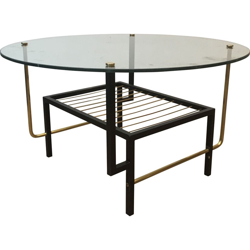 Mesa de centro vintage de cristal y latón de Mathieu Matégot, 1950