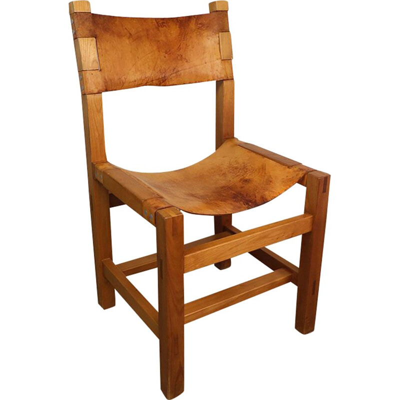 Vintage elmwood and leather chair by Maison Regain, 1970