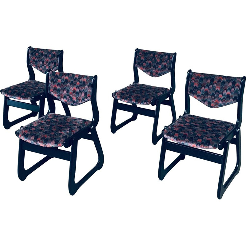 Set of 4 vintage Mcm black stained wood dining chairs, 1970s