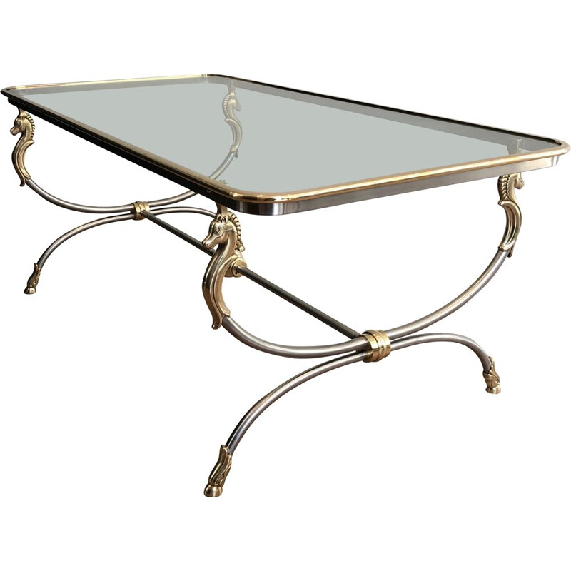 Vintage coffee table in brushed steel and brass, 1970