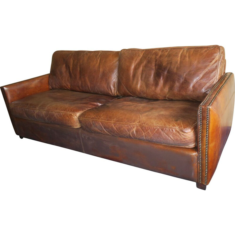 Vintage patinated brown leather 3 seater sofa