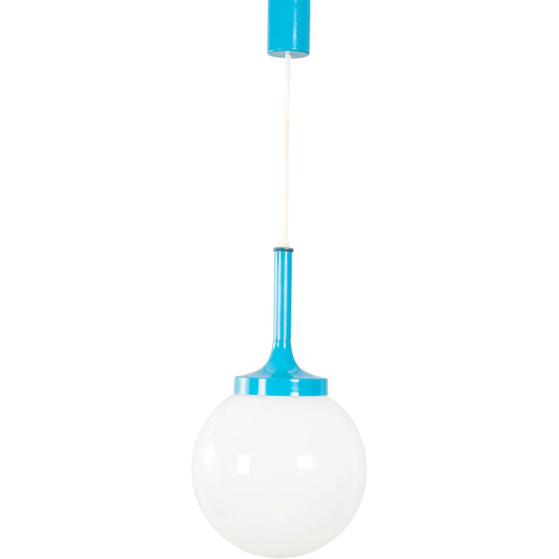 Vintage blue enamelled metal and opaline pendant lamp, France 1970