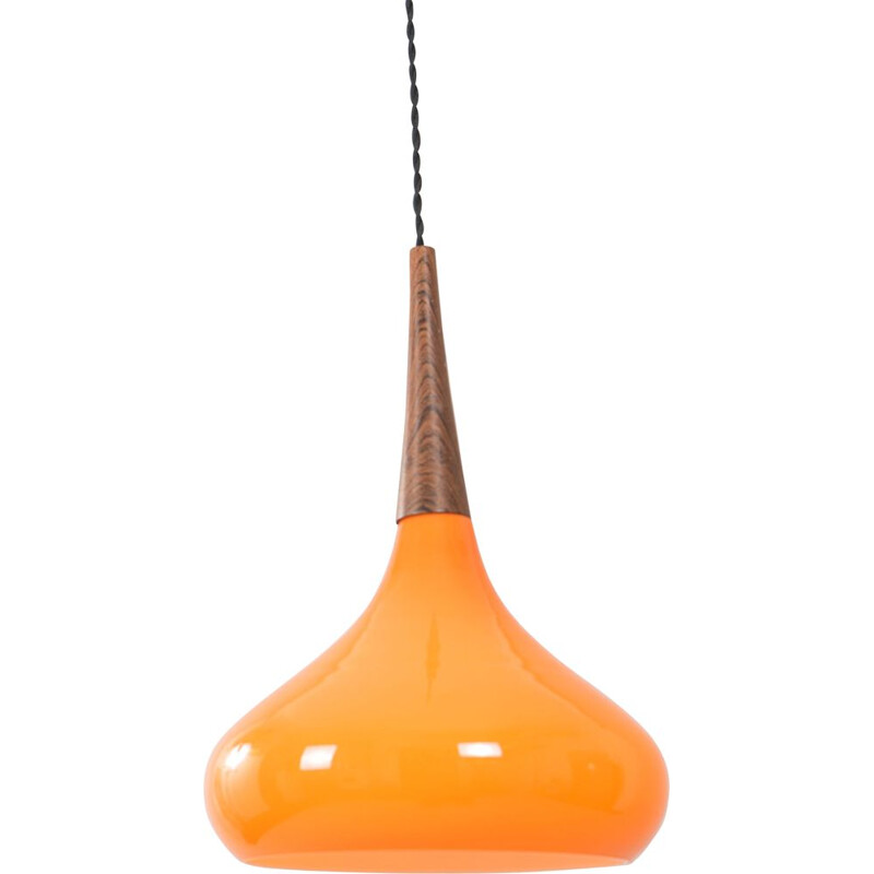 Vintage hanglamp van teakhout en oranje glas, Frankrijk 1970