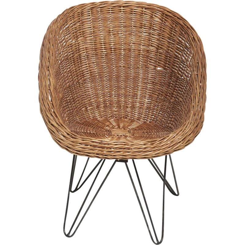 Vintage rattan children chair with hairpin legs, Netherlands 1950s