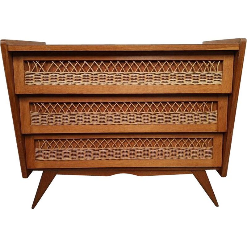 Vintage chest of drawers in rattan and oak wood