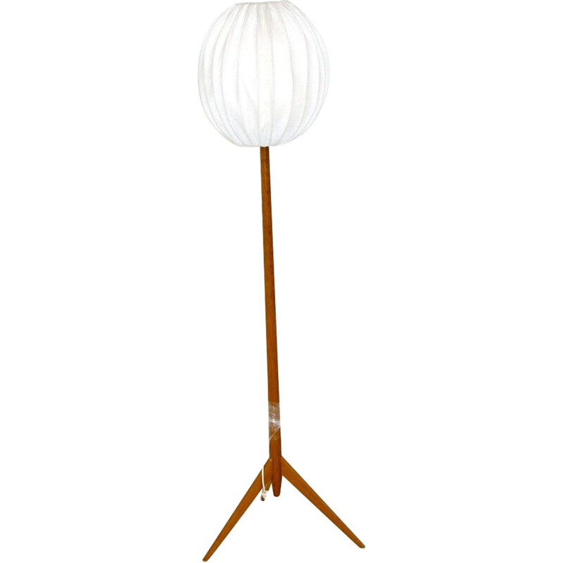 Vintage floor lamp in oakwood and white fabric, Sweden 1970