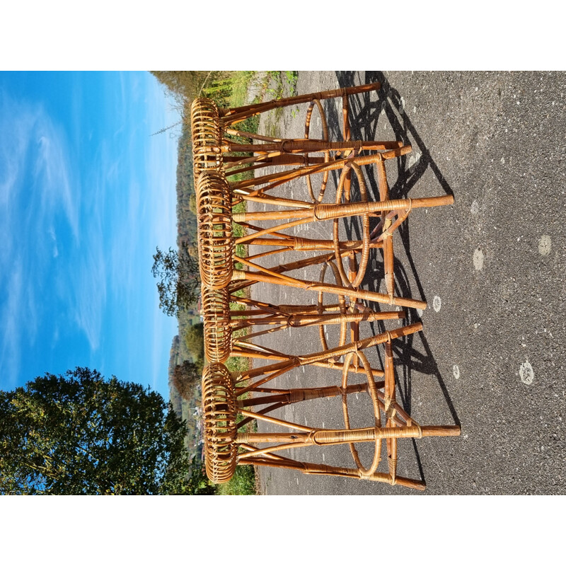 Set of 4 vintage wood and rattan bar stools by Franco Albini, 1950