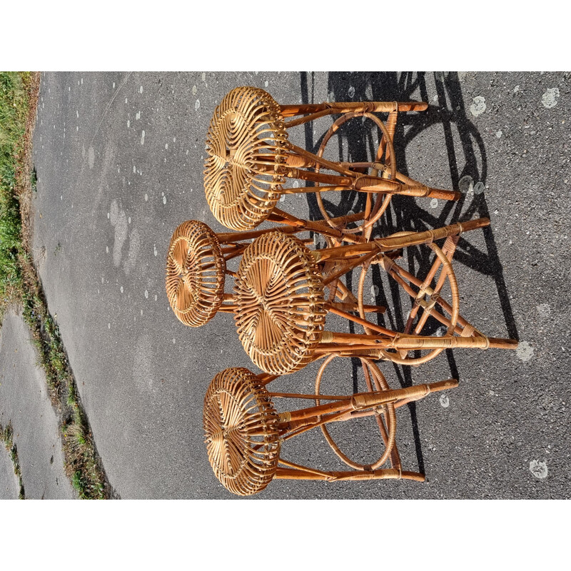 Ensemble de 4 tabourets bar vintage en bois et rotin de Franco Albini, 1950