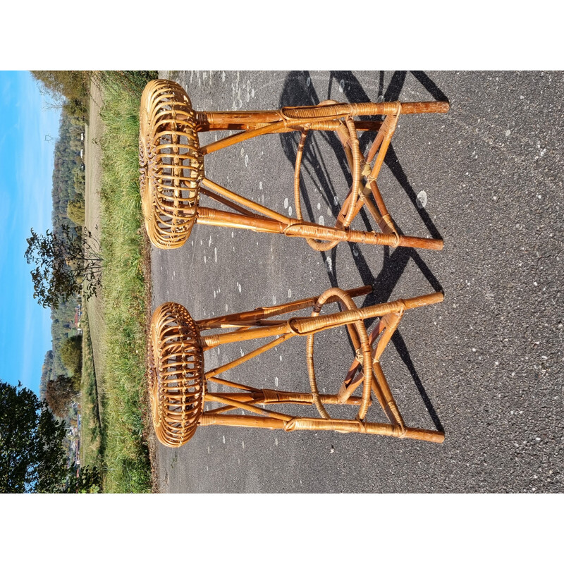 Set of 4 vintage wood and rattan bar stools by Franco Albini, 1950