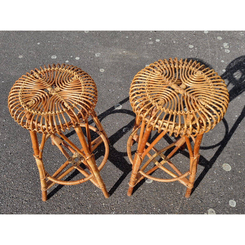 Ensemble de 4 tabourets bar vintage en bois et rotin de Franco Albini, 1950