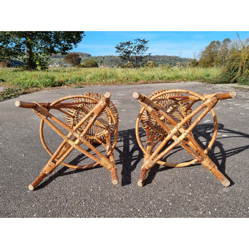 Ensemble de 4 tabourets bar vintage en bois et rotin de Franco Albini, 1950