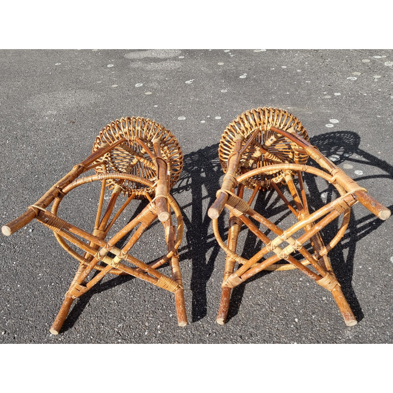 Set of 4 vintage wood and rattan bar stools by Franco Albini, 1950