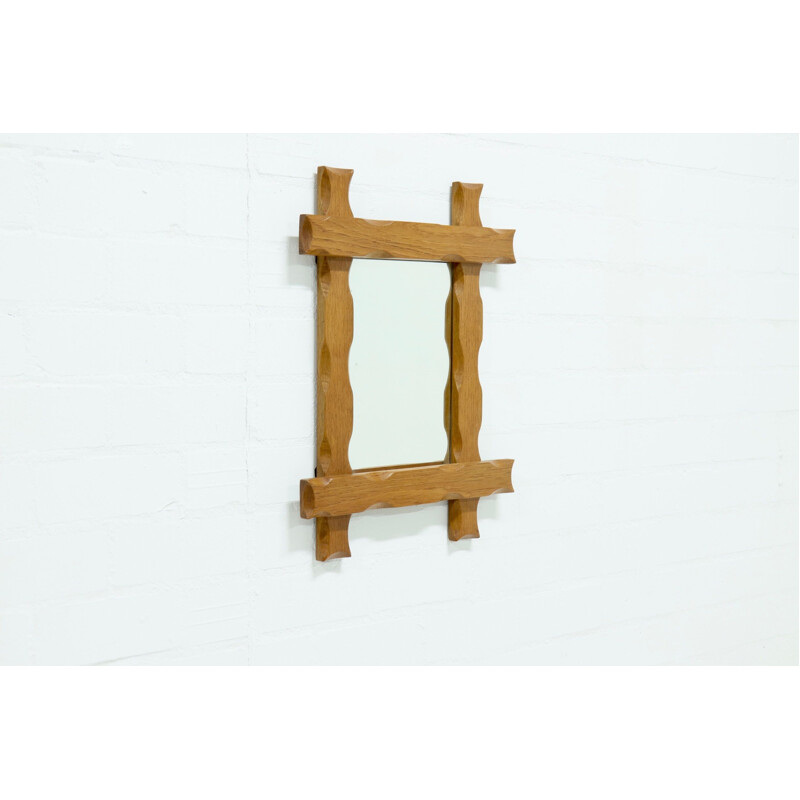 Solid oakwood vintage Brutalist mirror, 1970s