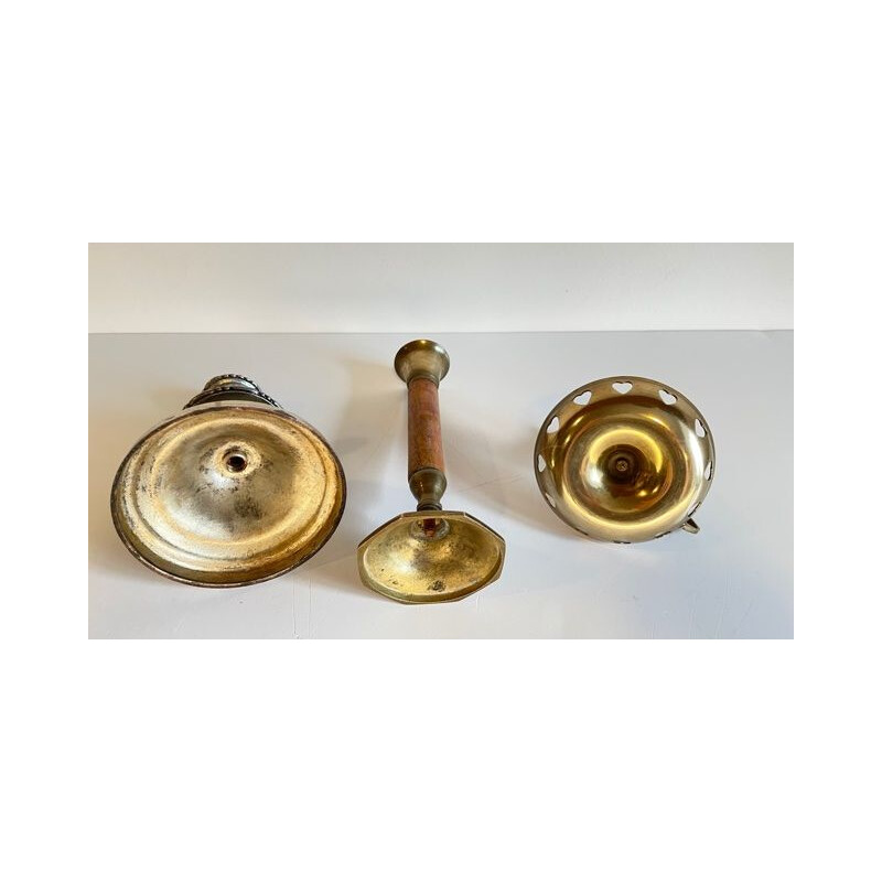 Set of 3 vintage silver plated brass and wood candle holders