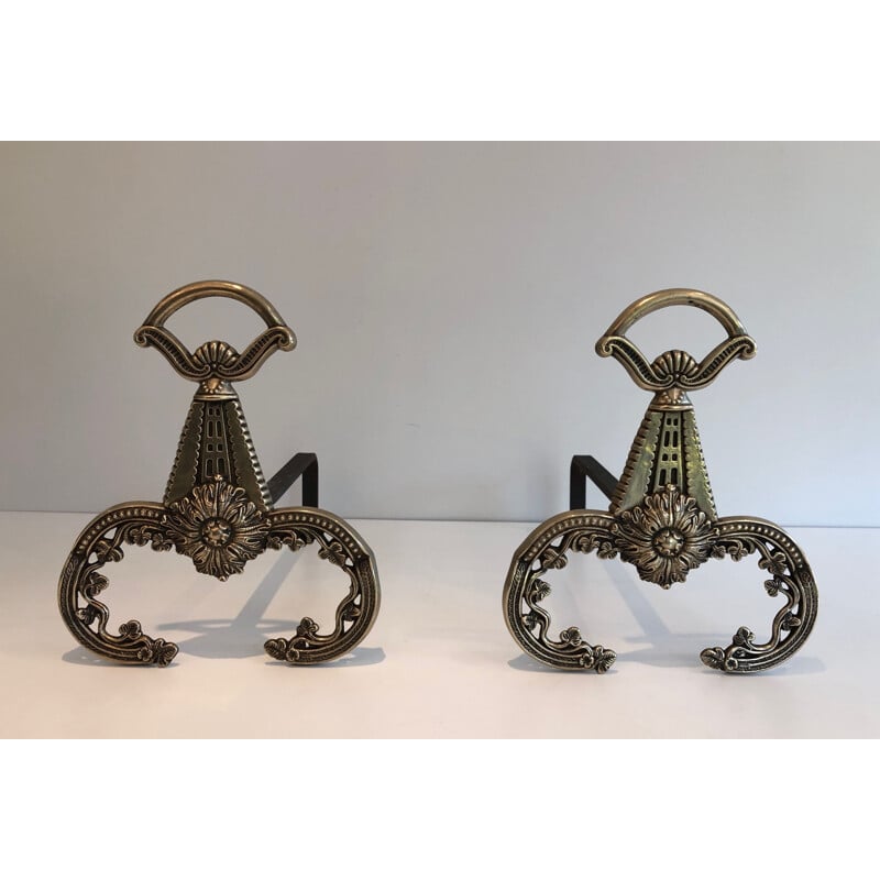 Pair of vintage bronze andirons, 1900