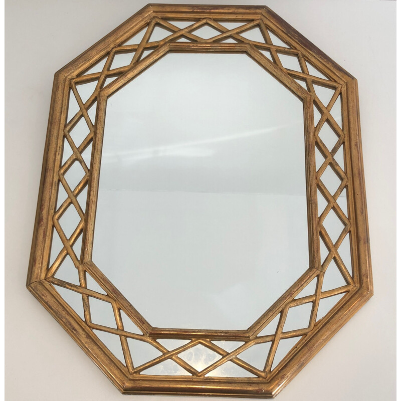 Vintage achthoekige vergulde houten spiegel met glazen panelen, 1970
