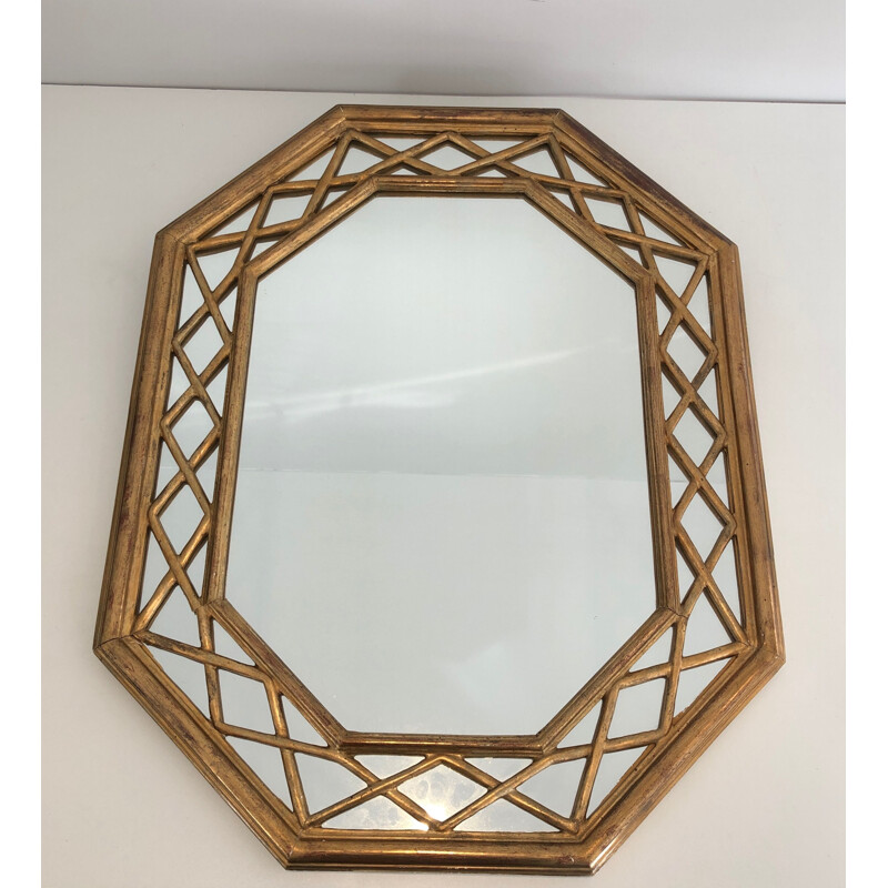 Espelho de madeira dourada octogonal vintage com painéis de vidro, 1970
