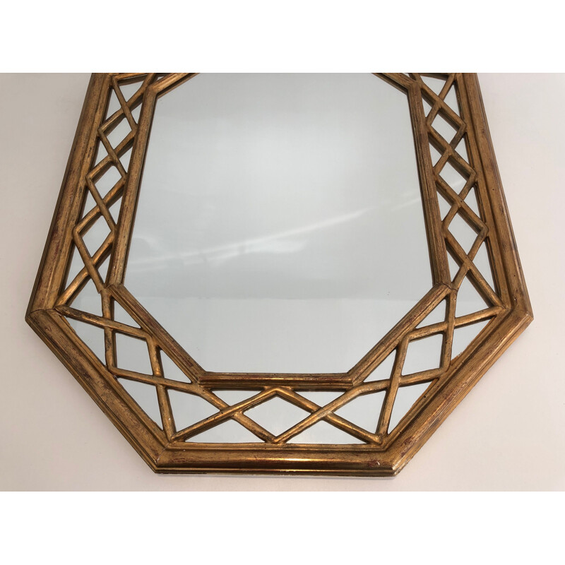 Specchio ottagonale d'epoca in legno dorato con pannelli in vetro, 1970