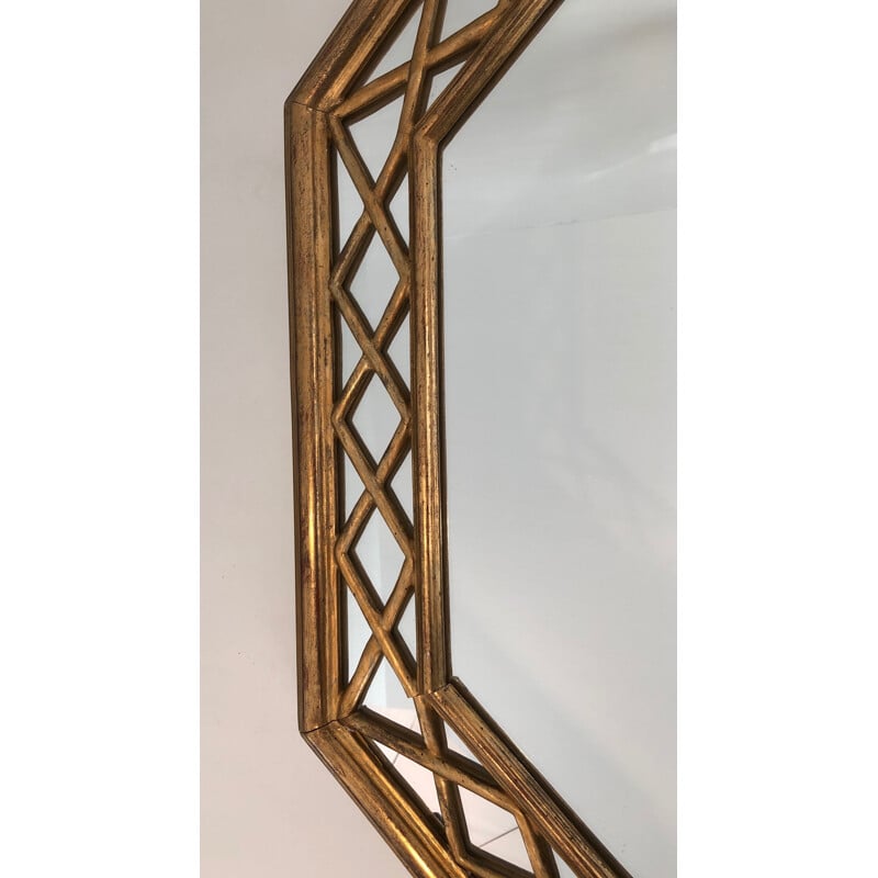 Espejo octogonal vintage de madera dorada con paneles de cristal, 1970