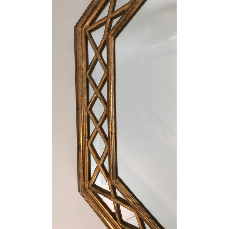 Miroir vintage octogonal en bois doré à pare-closes, 1970