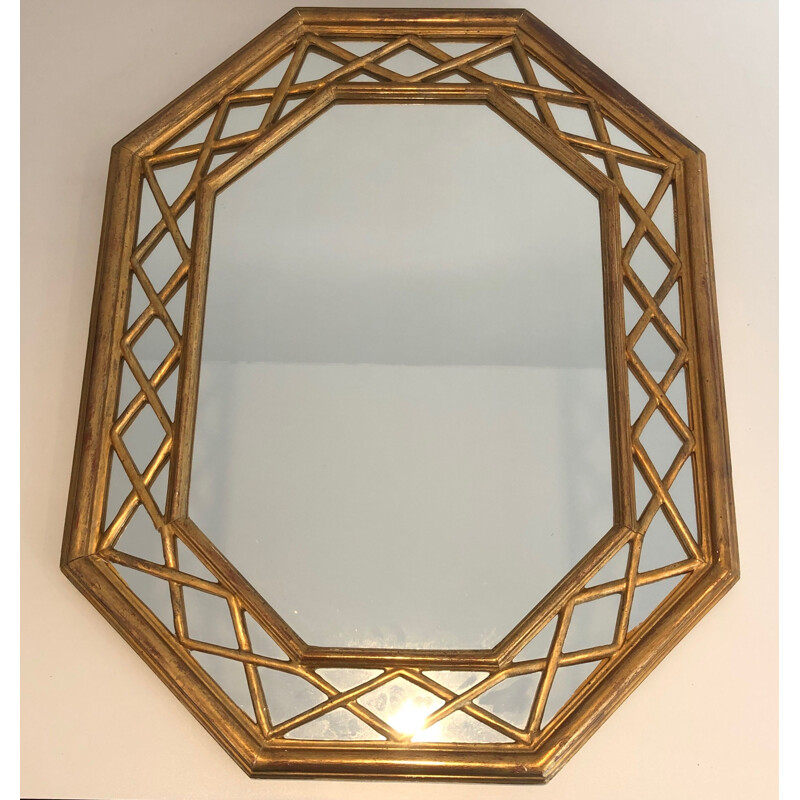 Espejo octogonal vintage de madera dorada con paneles de cristal, 1970