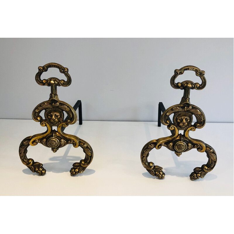 Pair of vintage bronze and wrought iron andirons, 1940