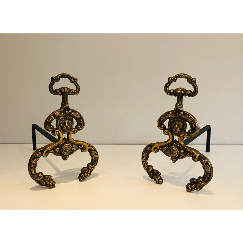 Pair of vintage bronze and wrought iron andirons, 1940