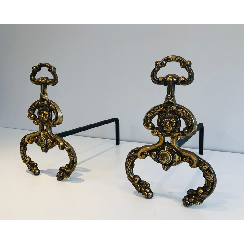 Pair of vintage bronze and wrought iron andirons, 1940