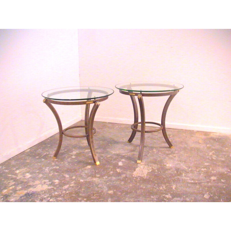 Pair of vintage pedestals made of metal brass and beveled glass top by Pierre Vandel, 1970s