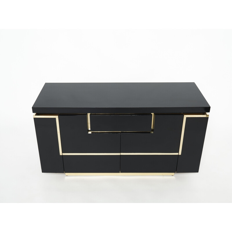 Vintage black lacquer and brass sideboard by Jean Claude Mahey for Roche Bobois, 1970