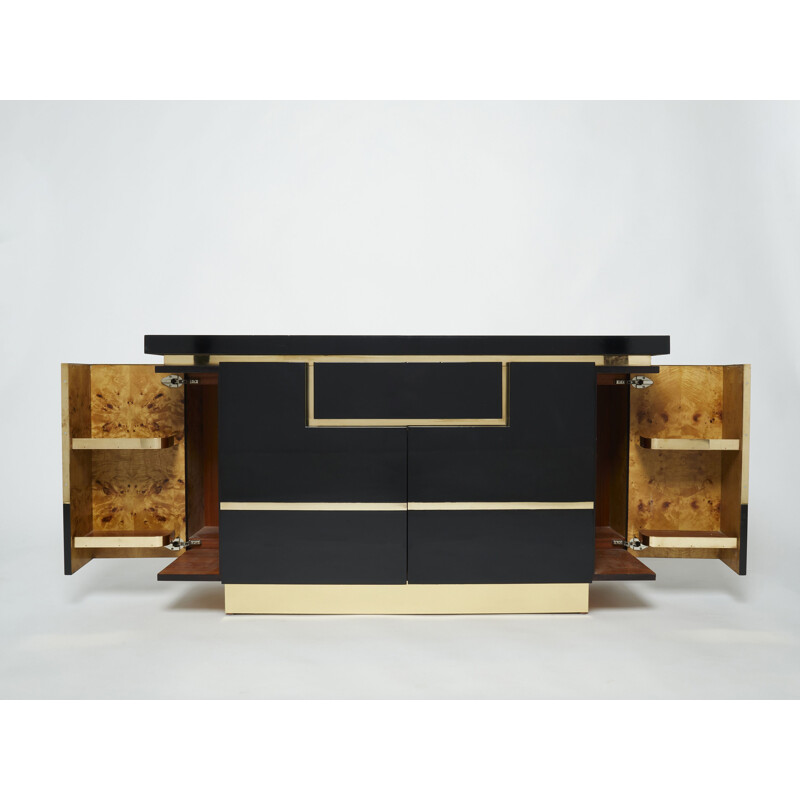 Credenza vintage in lacca nera e ottone di Jean Claude Mahey per Roche Bobois, 1970