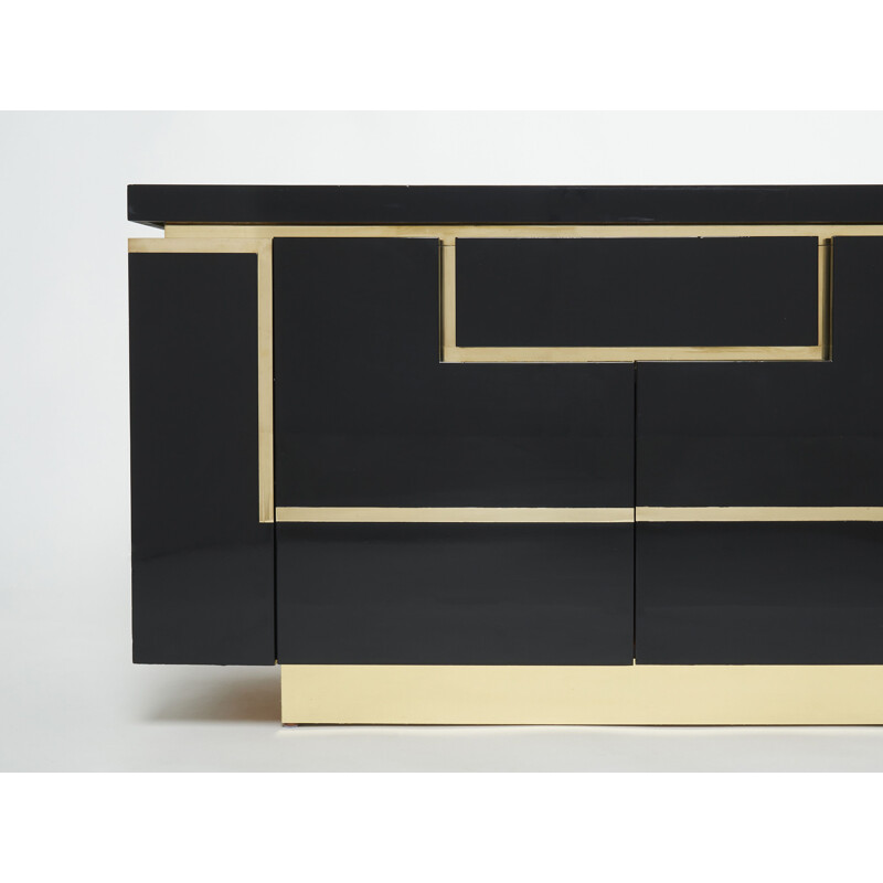 Vintage black lacquer and brass sideboard by Jean Claude Mahey for Roche Bobois, 1970