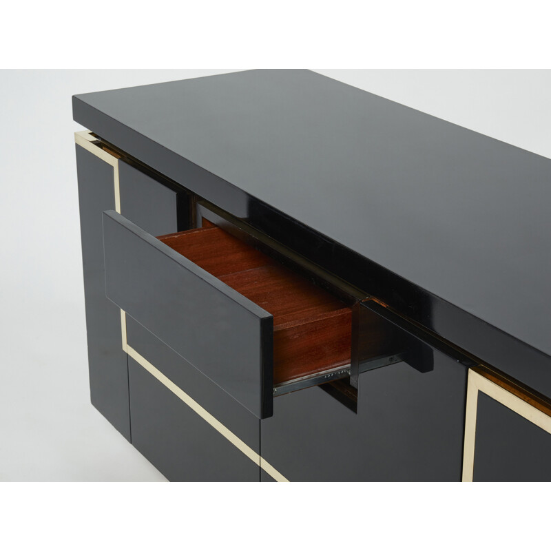 Vintage black lacquer and brass sideboard by Jean Claude Mahey for Roche Bobois, 1970